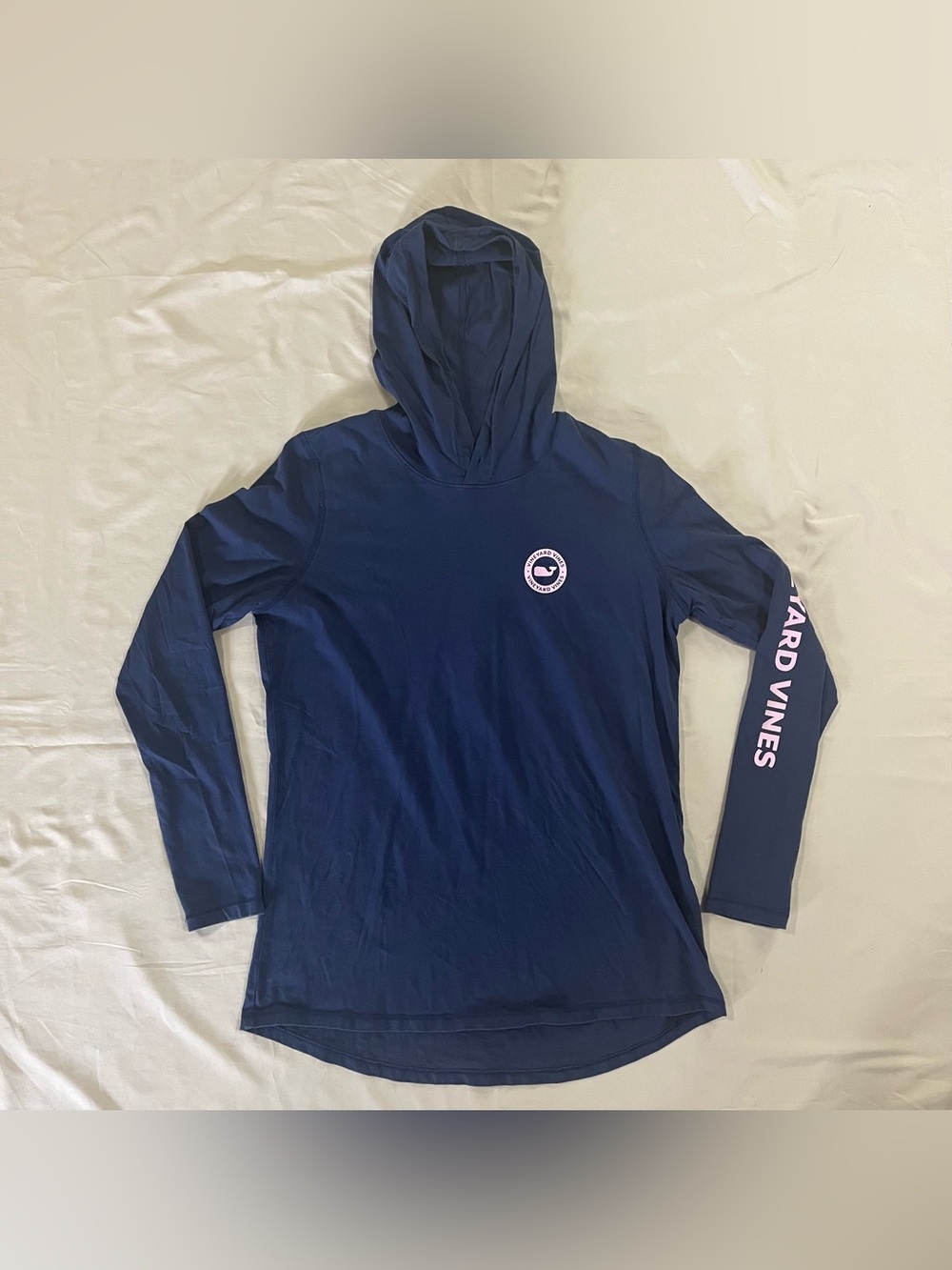 Vineyard Vines Navy Hooded Long Sleeve with Pink Logo and Sleeve Text - Picture 1 of 5